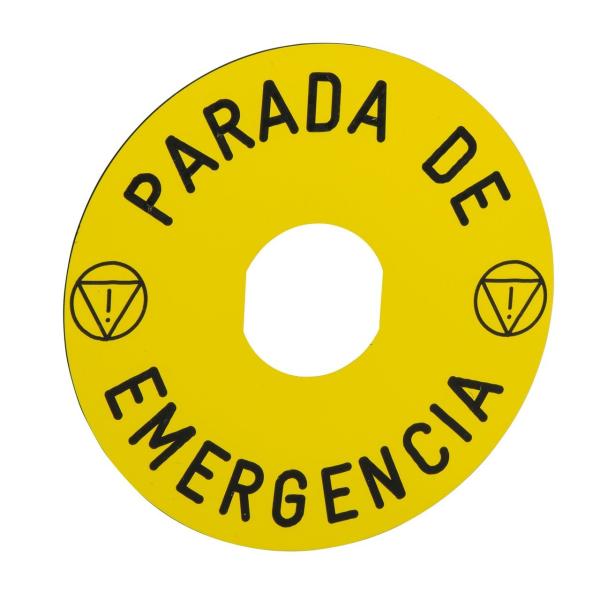 ETIQUETA CIRCULAR PULSADOR SETA "PARADA EMERGENCIA" 90mm